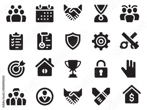 Collection of 20 diverse glyph style icons for business and success visual representation