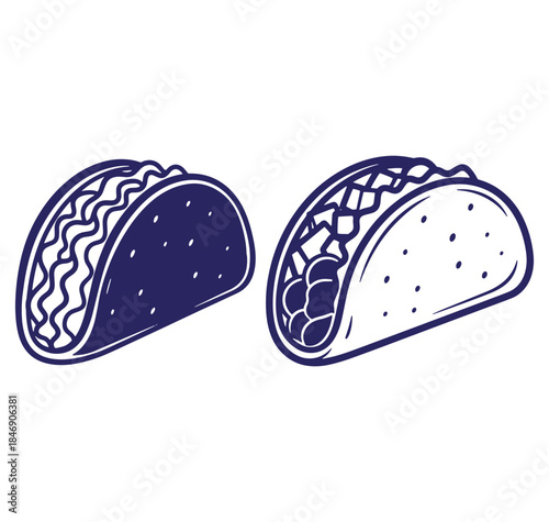 Hand drawn illustration of two delicious tacos with contrasting fillings and textures.
