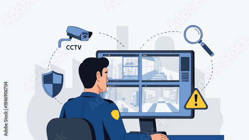 Security guard monitoring surveillance cameras on a computer screen displaying multiple live feeds illustrating vigilant observation and threat