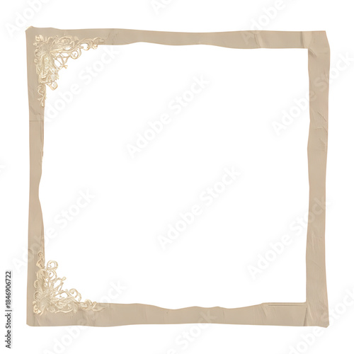 An ornate beige square frame with intricate corner designs on a plain white background