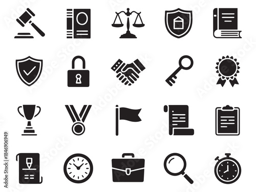 Set of 20 glyph style icons representing law justice business and success