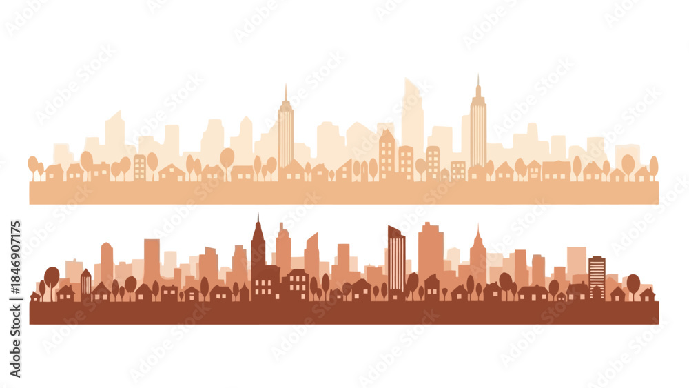 Obraz premium Urban landscape silhouettes: Cityscape illustrations of buildings and trees against the sky