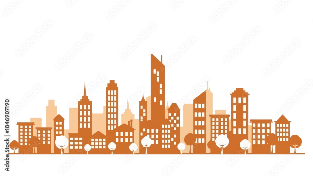 Fototapeta premium Urban landscape silhouette with buildings and trees against a white background, vector illustration
