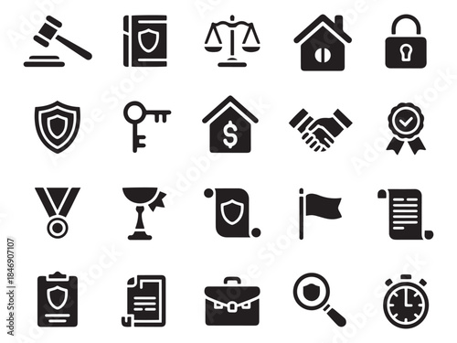 Collection of glyph style icons representing law justice business security and achievement themes