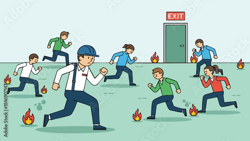 People fleeing a fire towards an exit sign demonstrating an emergency evacuation scenario