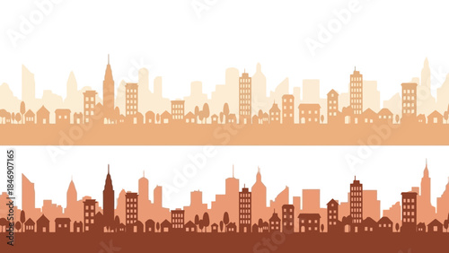 Cityscape silhouettes in two color variations against a white background, vector graphics