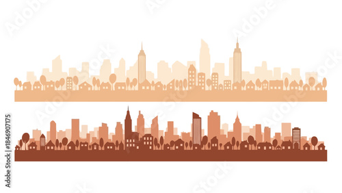 Urban landscape silhouettes: Cityscape illustrations of buildings and trees against the sky