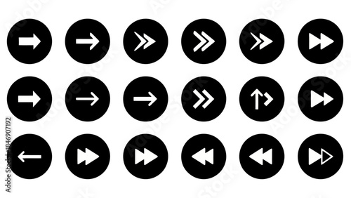 Set of black arrow icons inside circular frames on white background illustration
