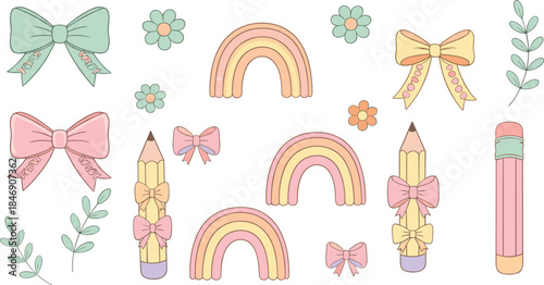 Cute Pastel School and Stationery Vector Collection; Charming Hand-Drawn Rainbows, Pencils, Decorative Bows, and Floral Elements for Kids Design.