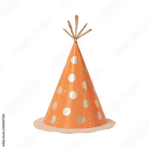 Whimsical orange polka dot party hat with gold accents and a fluffy top, perfect for celebrations and festive occasions