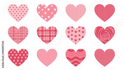 Valentine's Day hearts pattern design collection with various textures and shapes on white