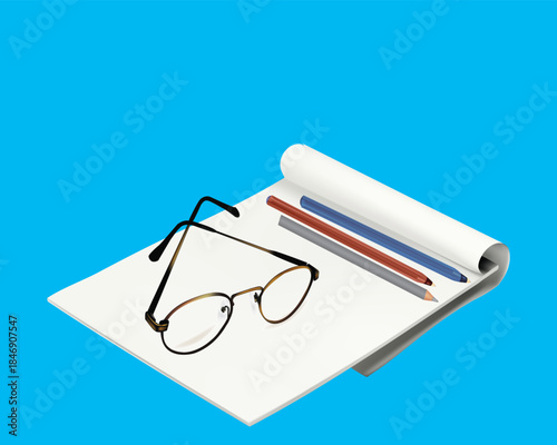 Isometric Notebook with Glasses and Colored Pencils