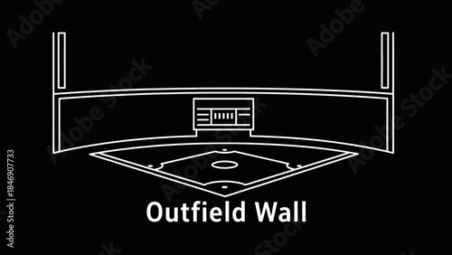 Modern baseball stadium outfield wall with scoreboard illustration