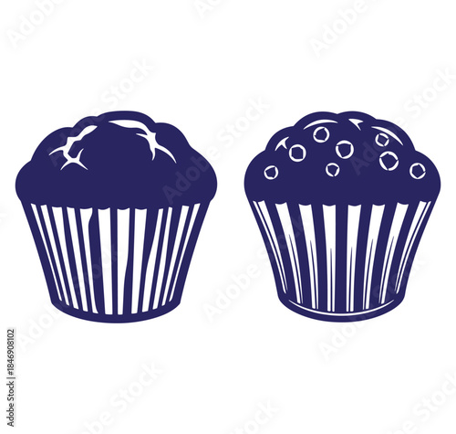 Simple vector illustration of two dark blue delicious cupcakes in paper liners