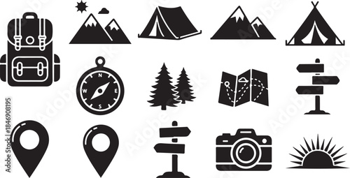 Camping and hiking adventure icon set vector
