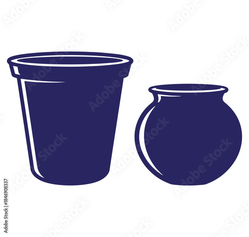 Stylized illustrations of two pottery vessels in a modern minimalist blue and white design