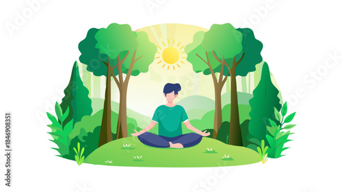 A person sitting cross-legged in meditation inside a lush green forest, sunlight filtering through trees, deep breathing, inner peace and mindfulness.