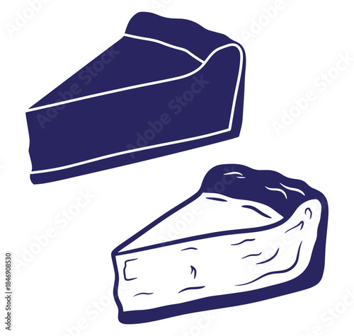 Two delicious slices of cheesecake in a dark blue vintage illustration style