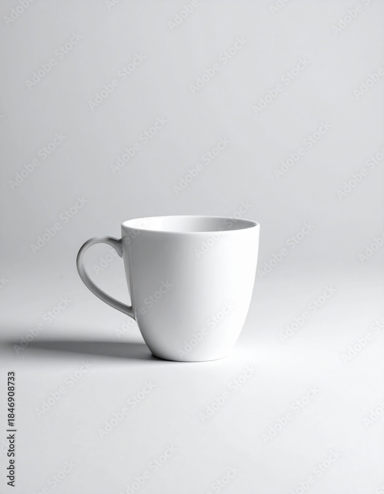 Obraz premium Eine weiße Kaffeetasse steht allein auf einem grauen, neutralen Hintergrund.
