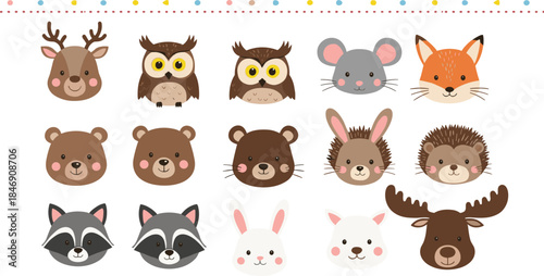Cute Woodland Animal Faces Vector Set; Adorable Moose, Deer, Owl, Fox, Bear, Raccoon, Rabbit, Mouse, and Hedgehog Head Collection.
