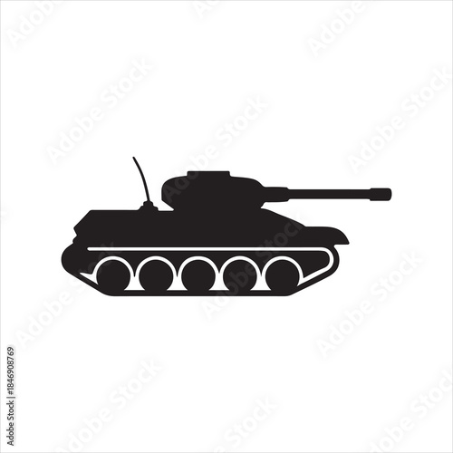 Black Silhouette of Military Tank Isolated on White Background Depicting Heavy Armored Vehicle for Combat and Warfare