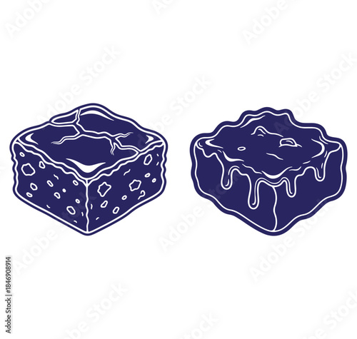 Two stylishly illustrated brownies or squares of chocolate dessert in a dark blue color scheme