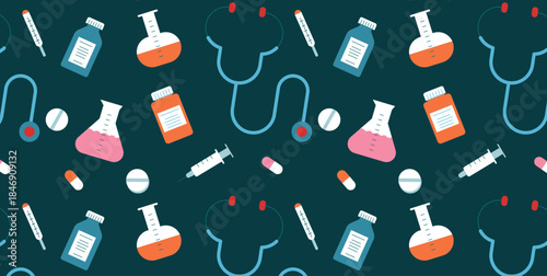 Seamless medical pattern with pills, capsules, bottles, syringes, flasks and stethoscope on dark background. Healthcare vector design for textile, wrapping paper, packaging and print. Flat illustratio