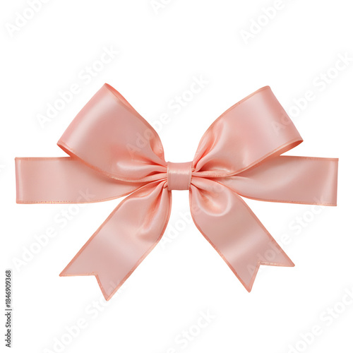 A beautiful soft peach satin ribbon bow with its tails hanging elegantly, perfect for gift wrapping and decorative purposes