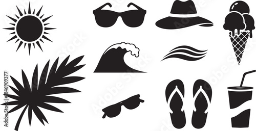 Summer vacation beach icons set black silhouette