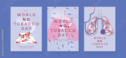 World No Tobacco Day poster set with Lungs filled with Cigarette butts, smoke and Stethoscope. Anti Smoking Awareness campaign, flat Vector Illustration for poster, flyer, social media.