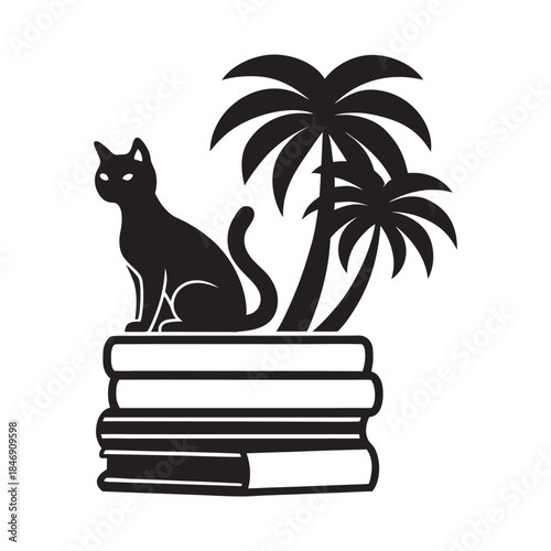 Cute Cat Sitting Calmly On Stacked Books