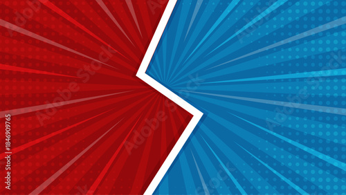 Vibrant Red vs Blue Comic Burst Background with Dynamic Retro Rays, Pop Art Halftone Clash Energy, Explosive Comic Style Sunburst Illustration	