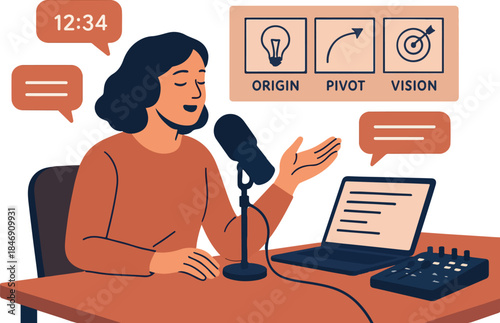Founder Podcast Recording Studio — Microphone, Live Transcript & Storyboard Vector