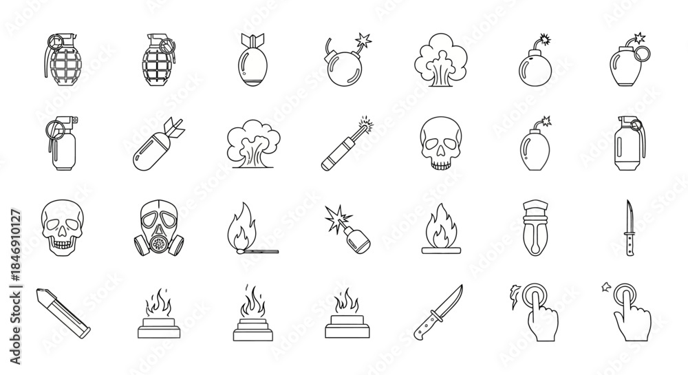 Fototapeta premium Line art icons depicting various weapons explosives and dangerous objects in a grid pattern