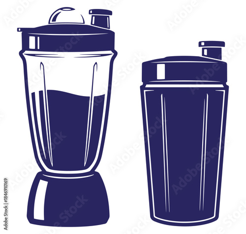 Vector illustration of a protein shaker and a blender in a minimalist blue design.