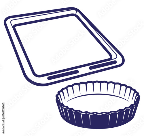 Vector illustration of a rectangular baking tray and fluted round tart pan on white background