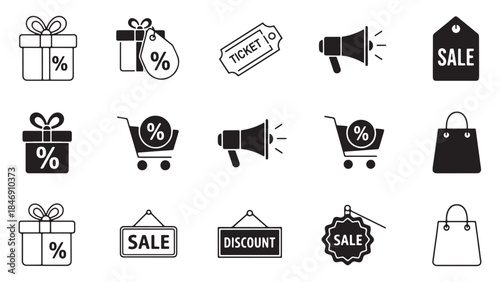 Discount Price Tag Vector Set – Sale Promotion Icons, Coupon Percent Labels, Retail Shopping Badges, Holiday Offer Symbols Silhouette Collection