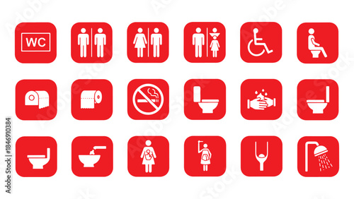 Public Bathroom WC Icon Vector Set – Male Female Unisex, Baby Shower & Handicap Signs, Washroom Pictogram Symbols, Silhouette Collection
