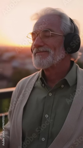 Elderly man enjoying sunset with headphones in tranquil rooftop setting
