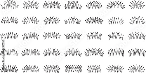 Grass line doodle. Outline grassland or meadow sketch, simple field design. Black grass brush stroke hand drawn texture for garden pattern or lawn. Herb marker vector isolated element