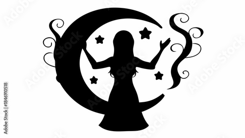 Elegant vector silhouette of a standing female magician or performer, exuding grace, confidence, and poised professionalism.