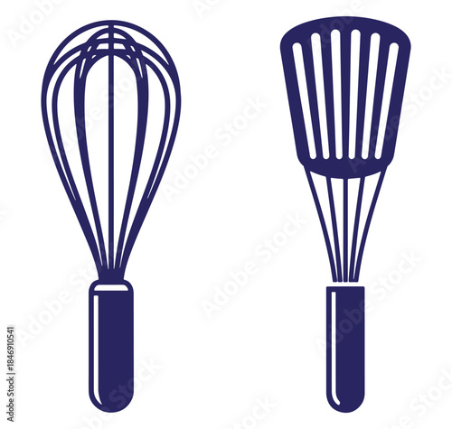 Vector illustration of a whisk and spatula kitchen tools in navy blue isolated on white