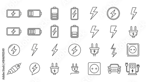 Set of electricity icons including batteries, lightning bolts, plugs, and sockets for power and energy concepts