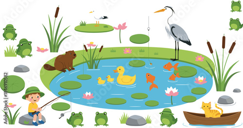 Cute Cartoon Pond Life Vector Scene; Child Fishing in Lake with Heron, Ducks, Frogs, Cat, Goldfish, Beaver, and Water Lily Plants.