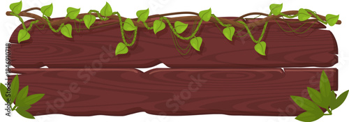 Wooden sign board with tropical jungle vines