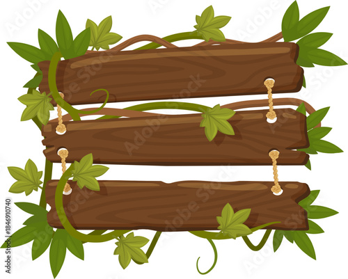 Rustic wooden planks sign with jungle vines