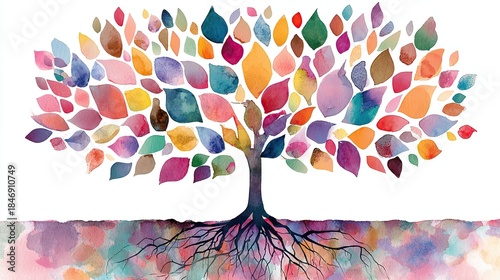 A vibrant tree with watercolor leaves in many hues and visible roots. White background