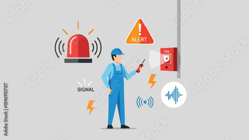 Safety technician conducting an inspection of alarm systems in a conceptual illustration for emergency preparedness documentation