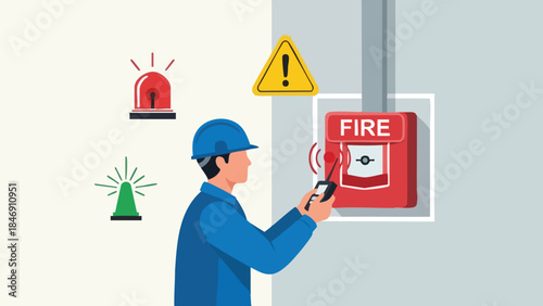 Technician operating a fire alarm system with warning lights and safety equipment for emergency preparedness and response protocols