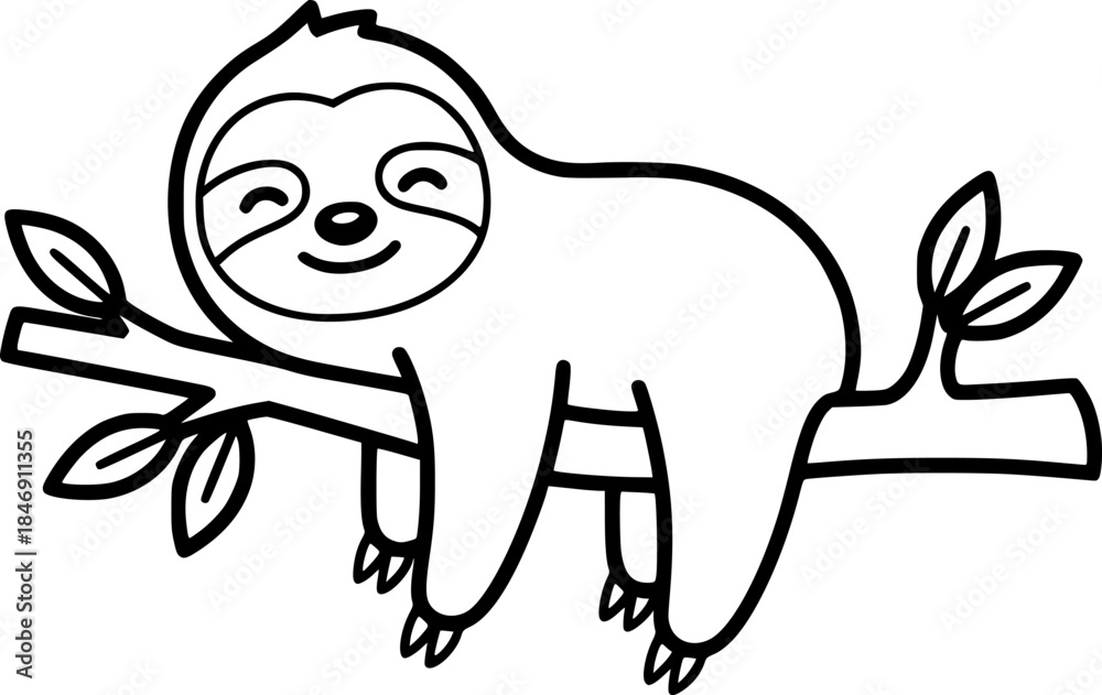 Obraz premium Smiling Sloth Hanging on Branch Vector Outline Jungle Animal for Children Coloring Book Page 